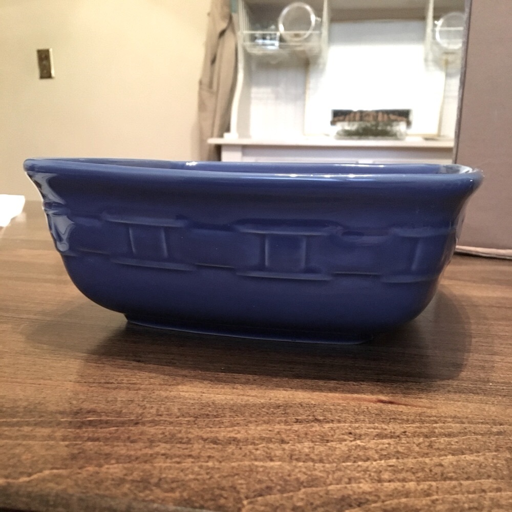 Longaberger blue pottery square bowl w basketweave